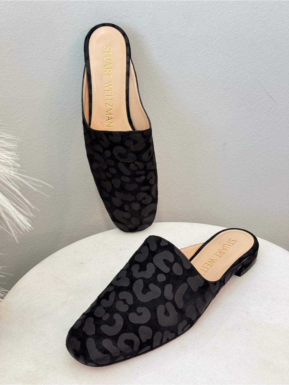 Stuart Weitzman Black Leopard-Print Slide Mules